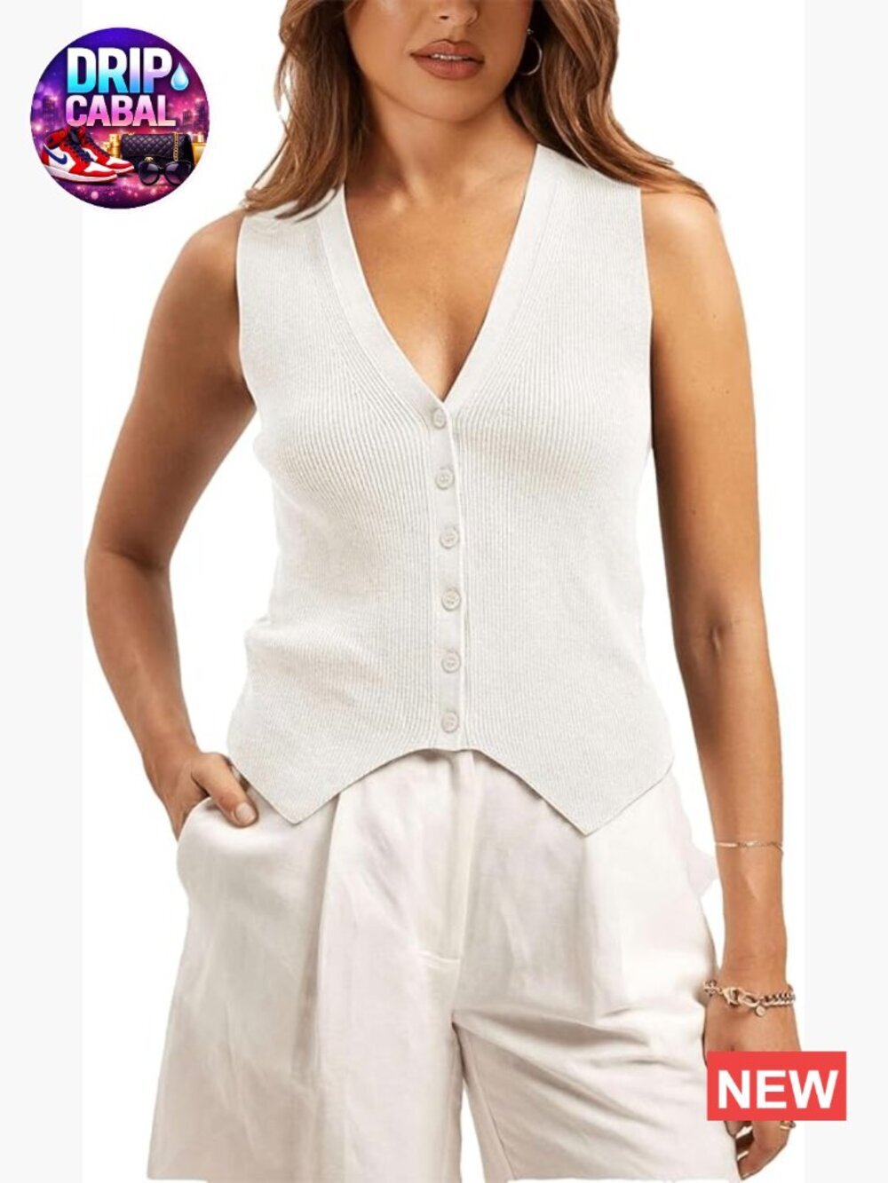 Sleeveless V-Neck Button Front Knit Vest Cardigan